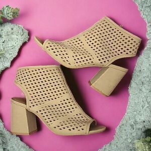 Bamboo Nude Perforated Booties Chunky Cut Out Peep Toe Ankle Boots Faux Leather